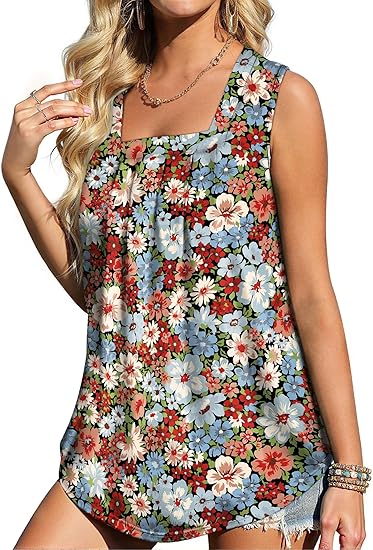 Flafens Summer Tank Tops for Women - Fashion Design Square Neck Sleeveless Tshirt Graphic Pattern Print for Girls