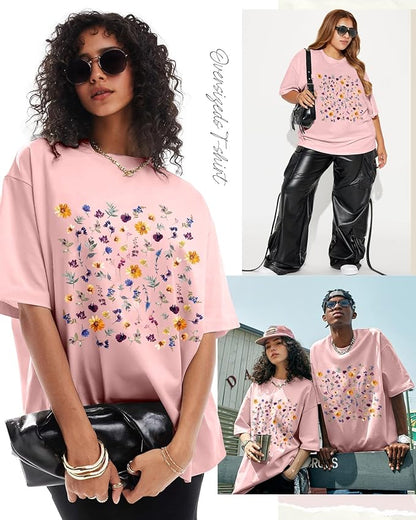 Oversized Tshirts for Women - Graphic T Shirt Loose Tees Crewneck Sleeve Top Cute Fashion Summer Pattern Print Tops